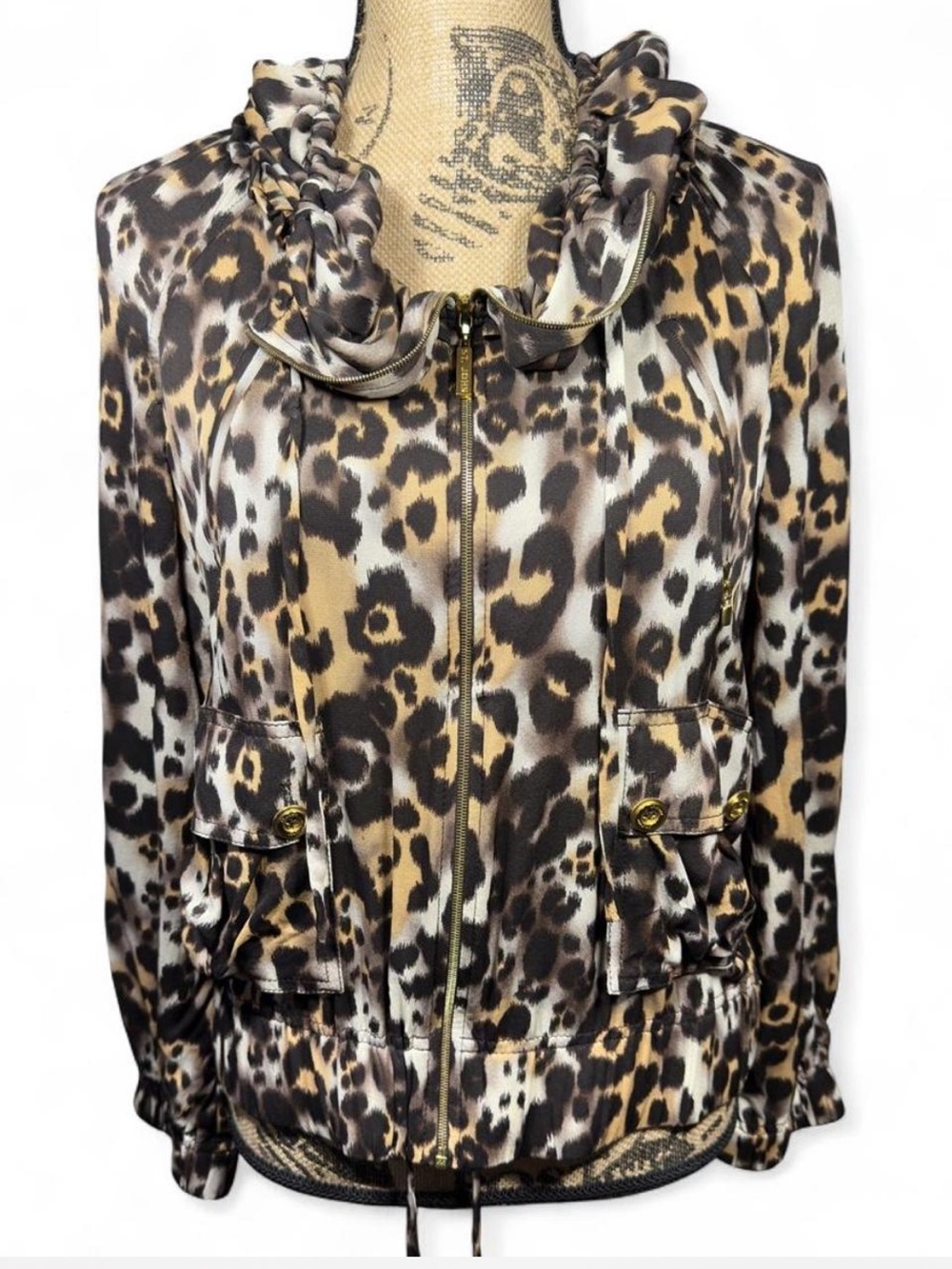 St. John Size S 93% Silk Leopard Print Zip-Front Jacket Gold Hardware Designer